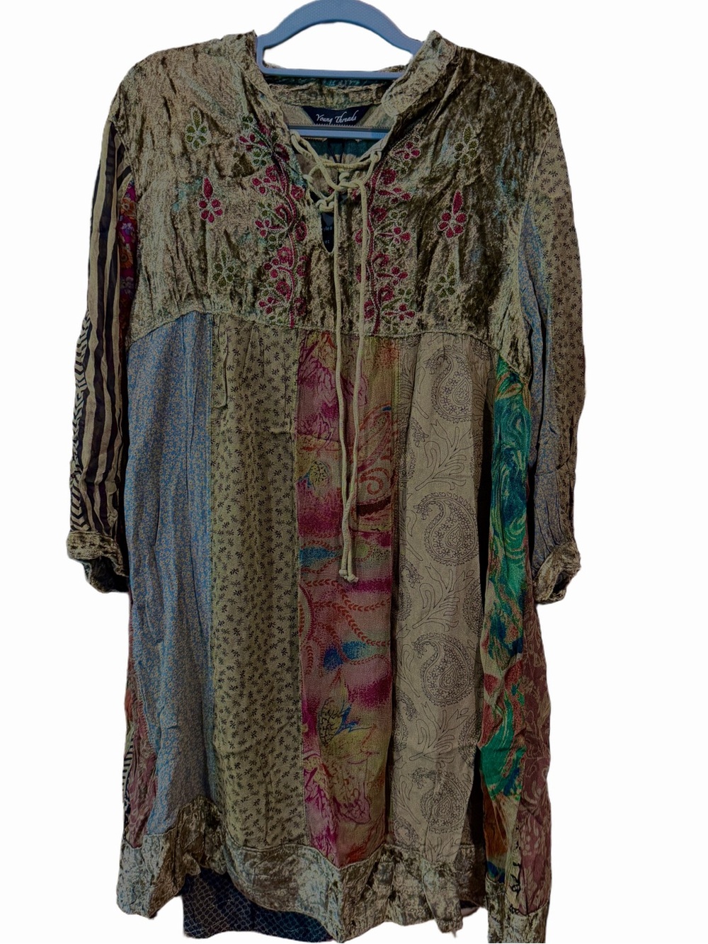 Young Threads Velvet Patchwork Embroidered Babydoll dress